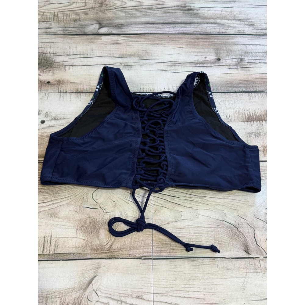 Cupshe Navy Blue Embroidered High Neck Lace Up Bikini Set Two Piece Swimsuit - Picture 7 of 11